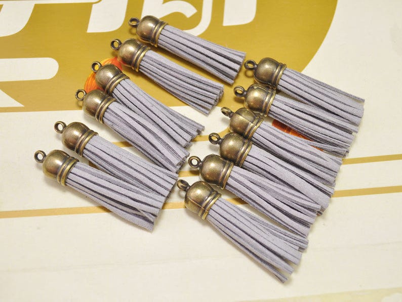 20pcs Light grey Leather Tassel Fiber Tassel Fringe Tassel with bronze plastic Cap Charms,keychains or necklace tassel pendant 56x12mm