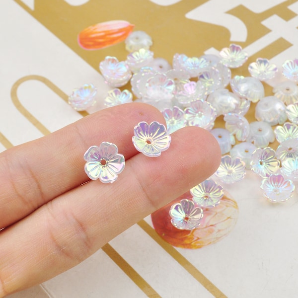 40pcs Small Flower Acrylic Beads,Flower Beads Connectors,AB Color Acrylic Flower Bead Caps for DIY Jewelry Making Hairpin Accessories,11mm