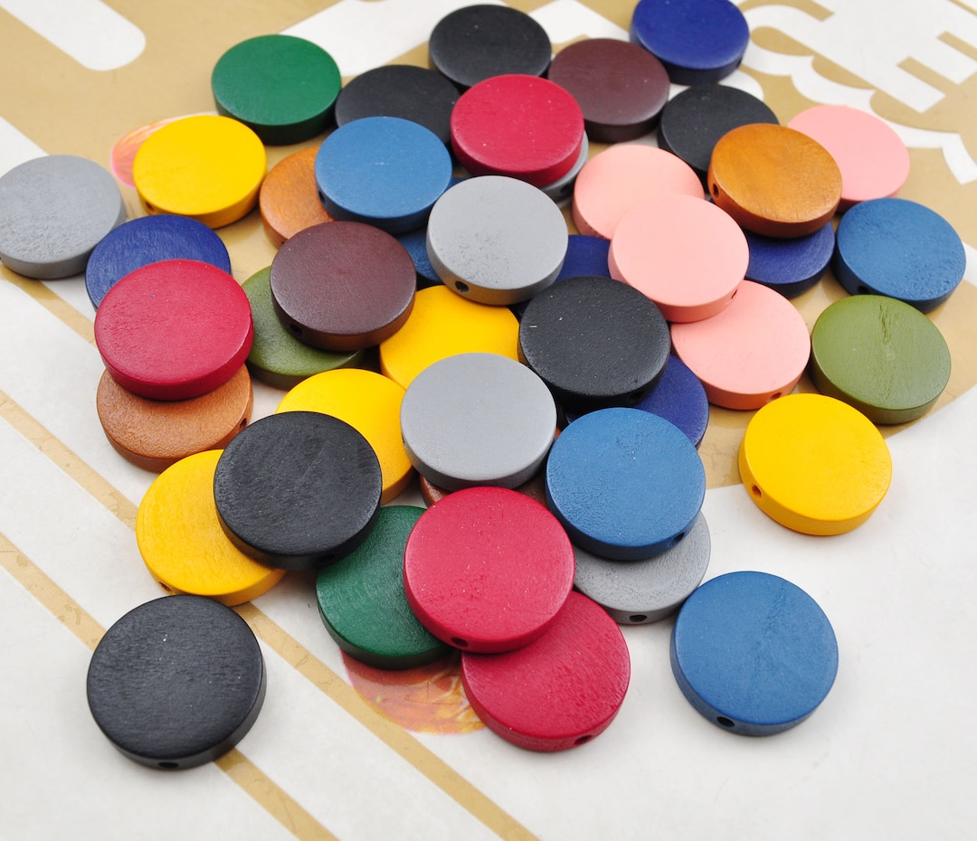 30 Pcs Mixed Color Flat Round Wood Bead,painted Wood Circles Wooden ...