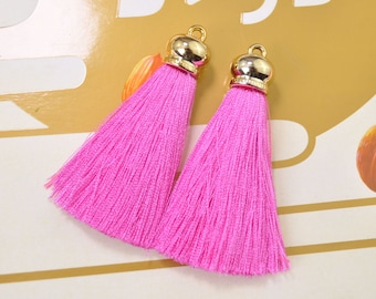 10pcs Hot Pink Silk Tassels with Gold Cap,Necklace Tassel,Earring Tassels,silky fringes tassel,Keychain tassel,Extra Thick tassel-2.75"