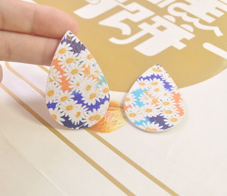 Sunflower Genuine Leather Tear Drops Leather Shapes for Earring Making 4 Pairs of Leather Teardrops Floral Black and Yellow