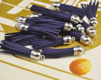 20pcs navy blue Leather Tassel Fiber Tassel Fringe Tassel with Silver plastic Cap Charms,keychains or necklace tassel pendant--56x12mm