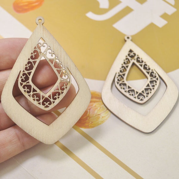 Wood Rhombus Pendant,8Pcs wood filigree flower drop, Natural wooden rhombus earring pendant,Jewelry necklace pendant supply,69x48mm