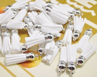 20pcs 38mm White Faux Suede Tassels,Silver Caps Leather Charms,Fringe Tassels,Suede Leather Tassels charms pendant,Mini Tassel Craft-V2EL02