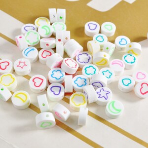 Weiße Polymer Clay Perlen, 10mm Runde Perlen, Regenbogen Perlen, Schmuckperlen Armband Perlen,40 Perlen,Stern,Herz,Mond,Blume..