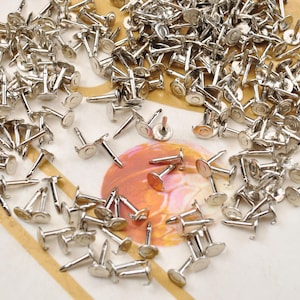 Può includere: Una grande quantità di rivetti in metallo argentato con teste rotonde e steli appuntiti. I rivetti sono sparsi su una superficie bianca.