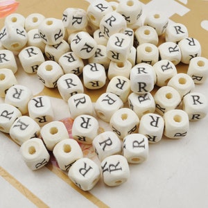 20-200 de cuentas cuadradas del alfabeto de letras de madera de letras R, cuentas de alfabeto de letras de madera natural de 10 mm, cuentas espaciadoras, accesorios para hacer joyas DIY