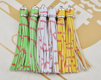 2Pcs Green/White/Yellow Baseball Tassels,10cm PU Leather Tassels,Silver Cap Handmade Leather Thread Tassel,Keychain Bag Charm Tassel Pendant