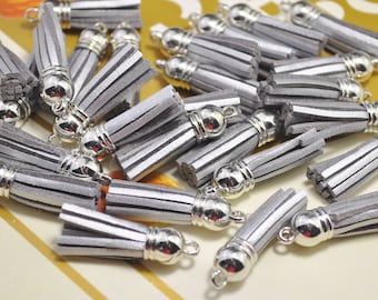 20pcs 38mm Silver Faux Suede Tassels,Silver Caps Faux Leather Charms,Fringe Tassels,Suede Leather Tassels pendant,Mini Tassel Craft-V2EL05