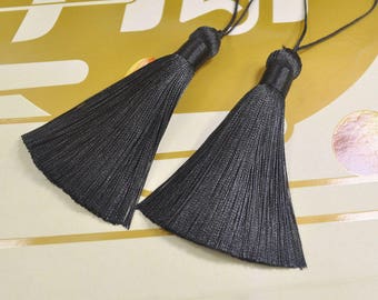 2 Stück schwarze Quasten, 82 mm lange Seidenquasten, handgemachte Quaste, Halsketten-Quaste, Quasten-Charme, Faden-Quaste, Boho-Troddeln, Kissen-Quasten
