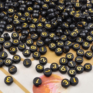 100-500 contas de número de 7 mm, contas de acrílico redondas pretas e douradas, contas de número redondas pequenas, contas espaçadoras, artesanato infantil, contas para fazer joias