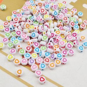 200 Round Heart Beads, 7mm，Acrylic White Beads with Colored Hearts,Plastic Heart Beads,Acrylic Heart Beads for Necklace Bracelet DIY Jewelry