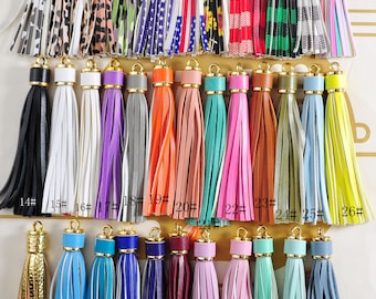 2Pcs 10cm PU Leather Tassels,37 Colors Large Faux Leather Tassels,Gold Cap Handmade Leather Thread Tassel,Keychain Bag Charm Tassel Pendants