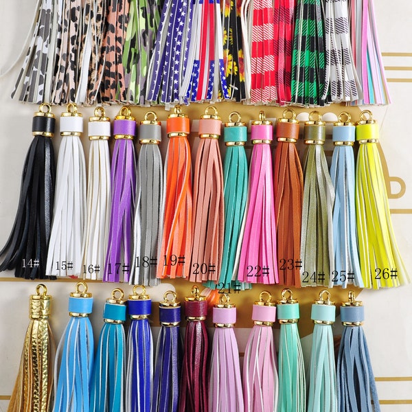 2Pcs 10cm PU Leather Tassels,37 Colors Large Faux Leather Tassels,Gold Cap Handmade Leather Thread Tassel,Keychain Bag Charm Tassel Pendants