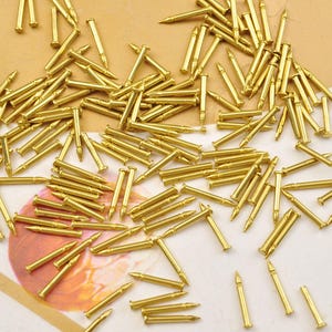 Puede incluir: Una gran cantidad de pequeñas tachuelas o clavos de metal de color dorado. Las tachuelas están esparcidas sobre una superficie de color marrón claro.