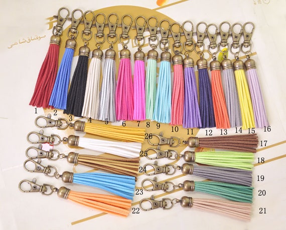 verycraft Large Fringe Tassel keychain,Bronze Caps Large Tassel keychain,faux Leather Keychain for bag,Suede Tassel Keychain clasp,26 Color