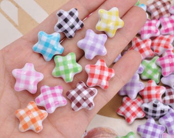 Star Buffalo Grid Beads，10-100pcs Colorful Plaid Acrylic Beads,Star Beads Pendants,Gumball Bubblegum Bead，Loose Beads For DIY Jewelry Making