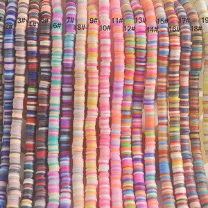 May include: A set of 19 strands of colorful round polymer clay beads. Each strand is approximately 18 inches long and features a unique color combination. The beads are flat and have a slightly textured surface.