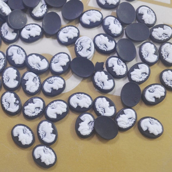 50pcs, piccolo camcio nero cabochons viso donna cameo cabs, resina vittoriana lady cameo cabochon --8x10mm