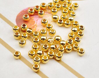 Perles rondes plaquées or véritable 18 carats, perle en or 18 carats de 5 mm, breloques perles d'espacement 18 carats, collier bracelet de perles rondes en laiton pour la fabrication de bijoux à faire soi-même