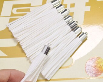 10pcs White Tassel Keychain pendant,Silver Cap,Faux Leather Tassels,Fringe Tassels,Suede Tassels Pendant,Tassel necklace 80x10mm