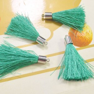 45mm tassel charm,Turquoise silk tassel pendant,20 silky tassels with silver cap,earring tassel,keychain tassel,necklace tassel--VC3776