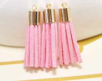 20pcs 35mm Pink Fringe Tassels,Suede Tassel pendant,Gold Caps Faux Leather Charms,Mini Tassel Craft,Earring/necklace/keychain pendant