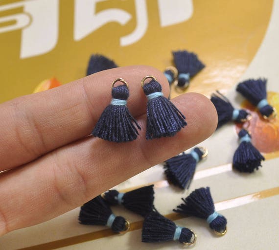 20pcs 1.5cm Cotton tassel,Mini Tassels,Tiny Mini tassels,Navy Blue  tassel,Bracelet/ Earring Charms,Gold Jump ring,Tassel for Jewelry,VH11