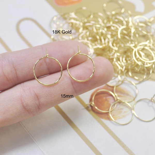 20 / 50pcs 18K gold hoops Earwire, 15mm 18K Gold Plated Beading Hoops, fai-da-da-fi orecchini Cerchi, orecchini Findings, 18K Gold Wine Charm Rings