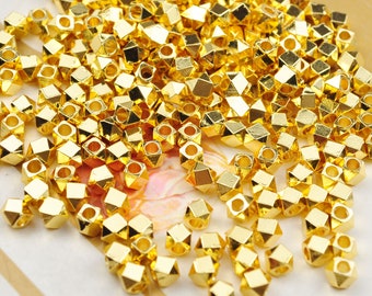 15-100Pcs,18K Gold Faceted Diamond Cut Beads 4mm,18K Gold Plated,Light weight, Gold Brass beads,Gold Spacer Beads for Jewelry making