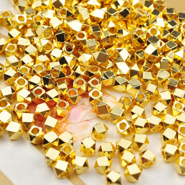 15-100Pcs,18K Gold Faceted Diamond Cut Beads 4mm,18K Gold Plated,Light weight, Gold Brass beads,Gold Spacer Beads for Jewelry making