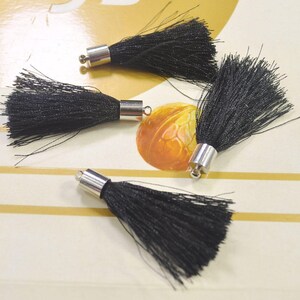45mm tassel charm,Black silk tassel pendant,20 silky tassels with silver cap,earring tassel,keychain tassel,necklace tassel--VC3765