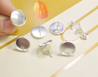 50pc Silver Plated Earrings Stud Bezel Settings Blank Bezel 12mm Posts With Round Pad