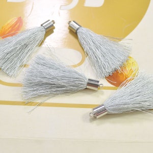 45mm tassel charm,Silver grey silk tassel pendant,20 silky tassels with silver cap,earring tassel,keychain tassel,necklace tassel--VC3730