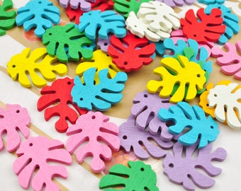 Colorful Leaf，30Pcs,Wood Monstera Leaf Pendant,7 Colors,Monstera Leaf Earrings,Small Wooden Leaf Charm,30x24mm