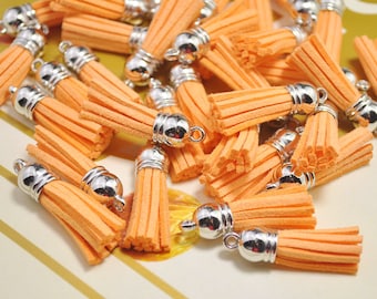 20pcs 38mm light orange Tassels Pendant,Silver Caps Faux Leather Charms,Fringe Tassels, Leather Tassels pendant,Mini Tassel Craft-V2EL41
