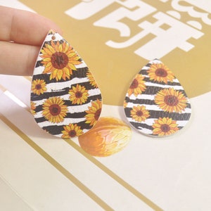 Sunflower Genuine Leather Tear Drops Leather Shapes for Earring Making 4 Pairs of Leather Teardrops Floral Black and Yellow