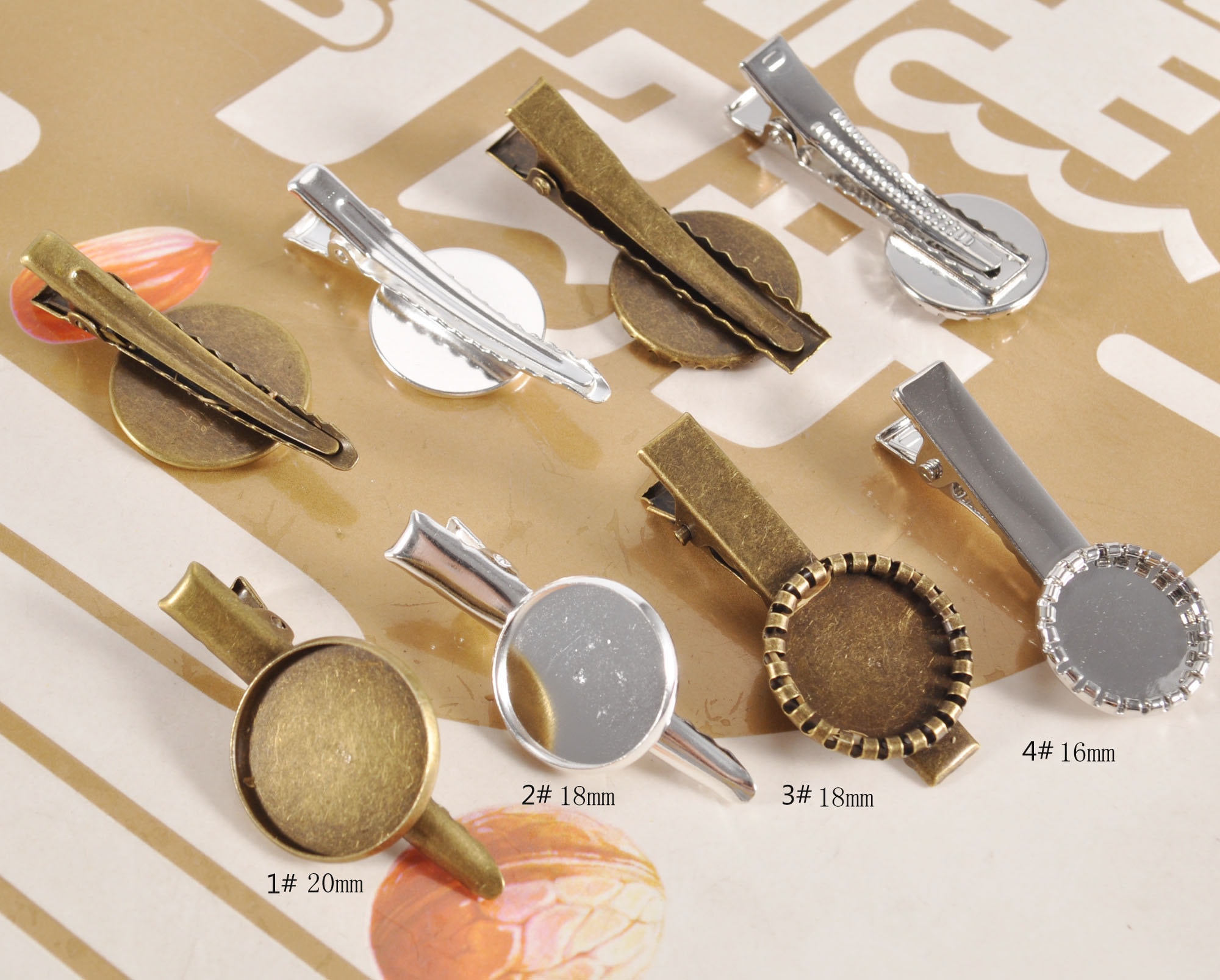 10pcs Antique Bronze/Silver tone Prong Hair Clips,20mm/18mm/16mm Cabochon Base Setting,Clip Safety Pin,Blank Hair Clip Charm Finding