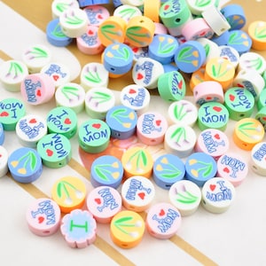 50 Pieces/10mm I Love Mom Polymer Clay Round Beads,Loose Polymer Clay Beads For Jewelry Making,Kids Beads，Bracelet Beads,Wholesale