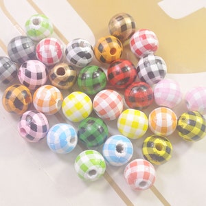20/50 Colorful Round wooden beads,16mm Buffalo Plaid Paint Round Wood Spacer Beads,DIY Bracelet Necklace,Wood Round Balls For Jewelry Making