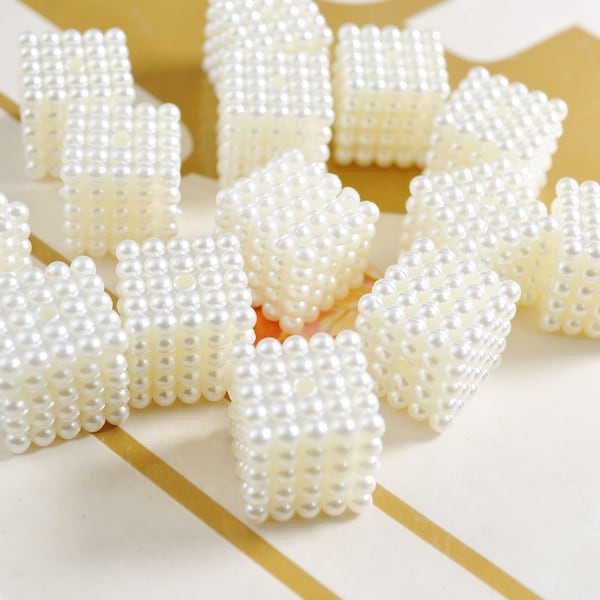30-200Pcs White Square Shape, Square Beads, Cubic Beads, Acrylic Square Beads,ABS White Pearly Pearl Square Beads, Jewelry Supply,14mm