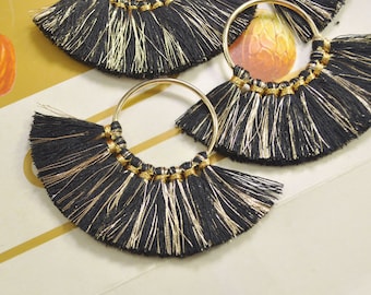 2Pcs/4pcs/6pcs/10pcs Fan Tassels on Brass Findings/Black & Gold tassel/earrings pendants/earring tassel charm/cotton tassel - 55mm