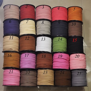 Op de afbeelding: Vijfentwintig spoelen met koord in verschillende kleuren, waaronder bruin, roze, beige, rood en zwart. Elke spoel is genummerd van 1 tot 25.
