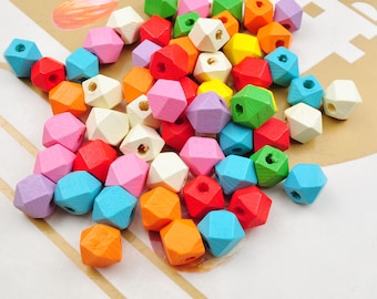 30Pcs 10mm Mixed Color Geometric Wood Beads，Dyed Beads，Wooden Beads，Small Beads,Polygon shape