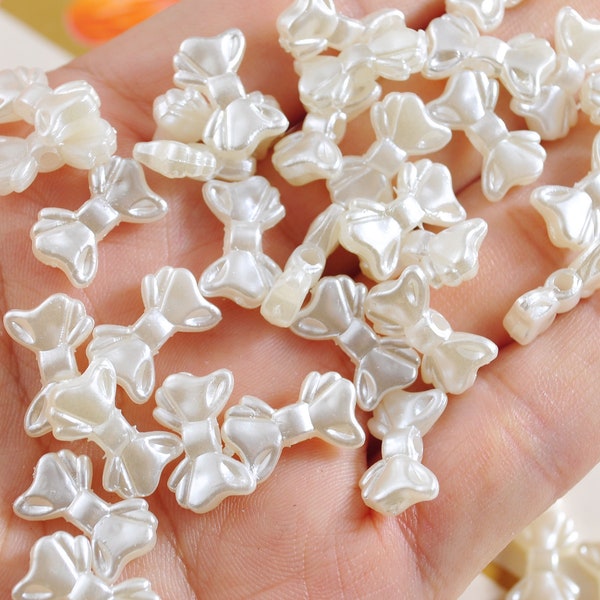 100Pcs/200Pcs Small White Bows,bow beads,Acrylic Ribbon Bow Beads,ABS Pearl White bow, Jewelry Supply,15x9mm