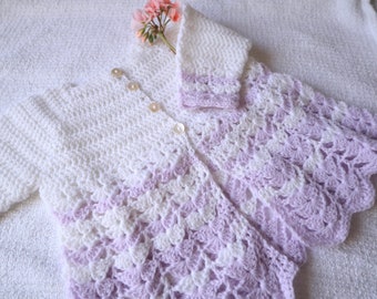 Traditional vintage matinee jacket hand crocheted white and mauve, Baby Age 0-3 months