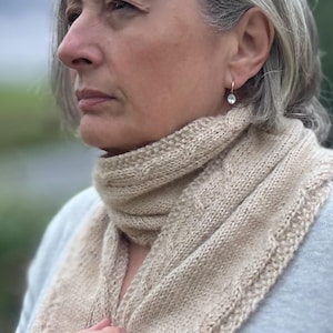 May include: A beige knitted scarf with a textured cable pattern wrapped around the neck. The scarf features a soft, neutral tone and a consistent knit structure throughout, providing a layered look that rests against a light gray long-sleeved garment.