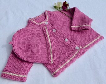Baby Cardigan and matching hat - newborn - hand knitted in DK merino acrylic yarn