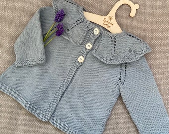 Vintage style child's cardigan, jacket, 1-2 years - hand knitted in organic cotton yarn, pale blue