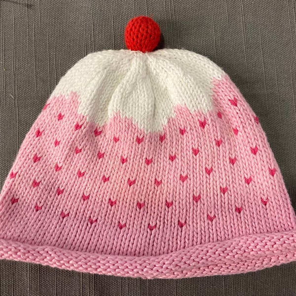 Hand knitted baby hat, iced bun, white pink red, cherry, 0-6 months